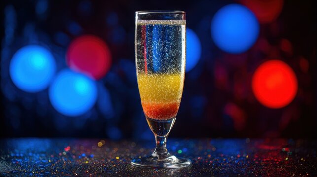 Sparkling festive layered cocktail in a flute glass with vibrant red and yellow hues against a blurred colorful light background for celebration vibes