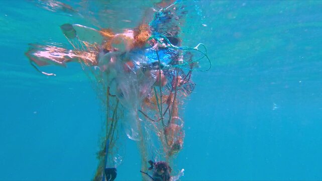 Close-up underwater shot of plastic pollution entangled in seaweed. Highlights environmental damage in a vibrant ocean setting, illustrating the impact of garbage on marine ecosystems.