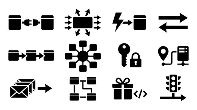 API Connection Silhouette Icon Set &ndash; Integration, Data Flow, Webhook and Microservices Symbols