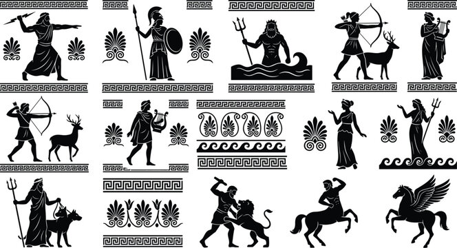 Greek Mythology and Ancient Warrior Icon Set Featuring Gods, Heroes, Animals, and Decorative Borders for Historical, Fantasy, and Culture Designs