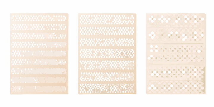 perforated paper sheets with geometric patterns isolated on white