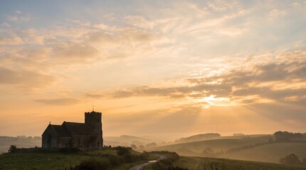 Ascension Day church on a hill at sunrise in a peaceful misty landscape, symbolizing spiritual hope and historical heritage in the rural countryside