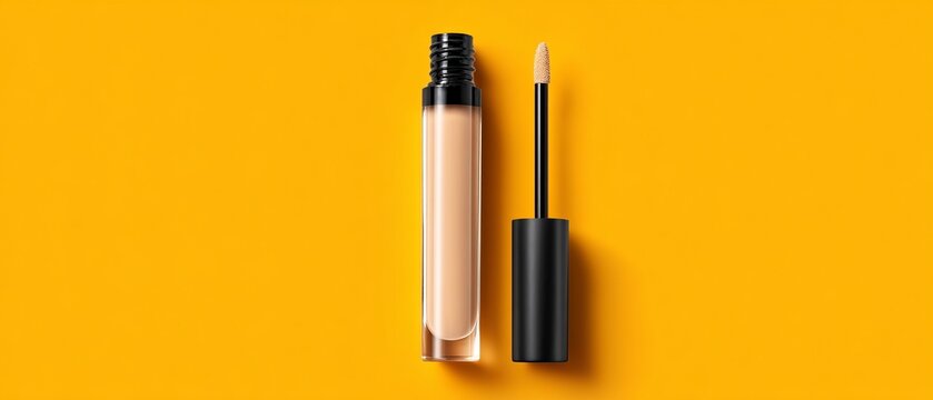 A sleek tube of concealer lies next to its applicator. This image shows the product on a bright orange background, emphasizing its modern design and purpose. Ideal for beauty and makeup visuals. AI