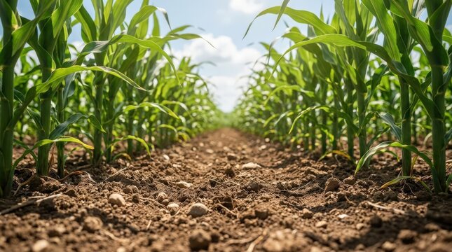 Low angle view of green corn crops growing in soil on farm field during sunny bright day.