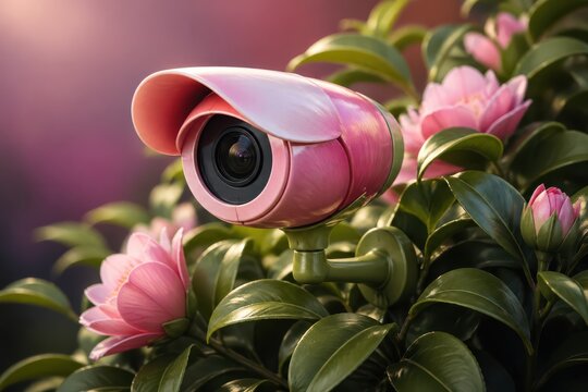 Whimsical pink camera nestled in flowers and green leaves for creative wellness lifestyle concept