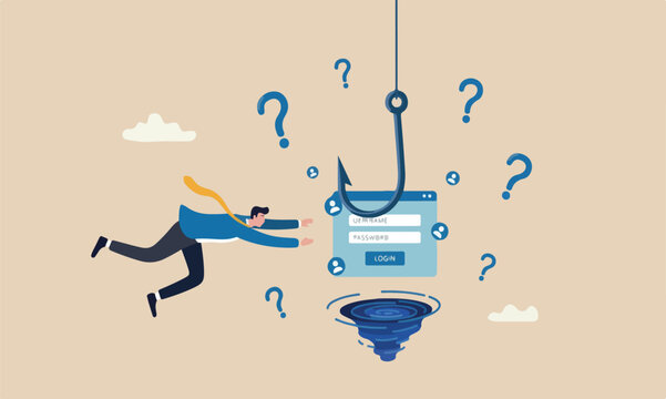 Phishing or, screen to hack username, password, cyber security or threat website concept, businessman diving to unknown fishhook user account phishing login