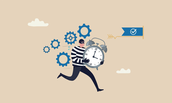Steal time, productivity procrastination problem, work efficiency to finish in deadline, strategy or accomplishment concept, burglar thief stealing time clock and run away