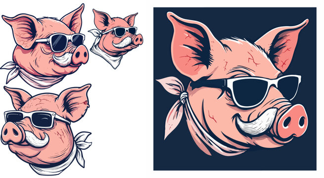 Cool pig head vector set with sunglasses and bandana, vintage biker pig mascot illustration, pink hog character with mustache for apparel design
