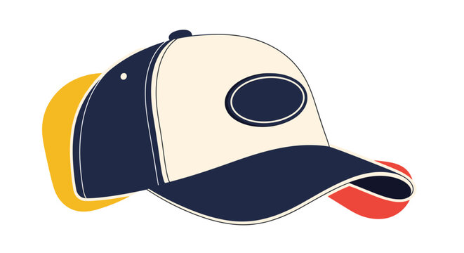 Two tone baseball cap in navy blue and cream colors with a blank oval logo patch and yellow and red abstract shapes in the background.