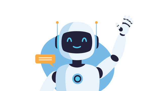 Friendly white robot character with a smiling face and a blue light up chest waving hello with a speech bubble next to it.