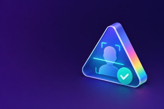 Biometric facial recognition icon with user profile and checkmark on purple gradient 3D technology background