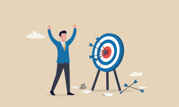 Effectiveness efficiency rate, effort or cost to reach goal or target, practice until succeed concept, cheerful businessman finally hit target after too many unsuccessful tries