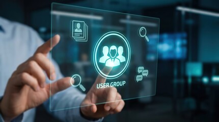 Fototapeta premium Futuristic Recruitment Technology Concept: Professional Interacting with Holographic HR Dashboard, Candidate Profiles, and Talent Acquisition Interface