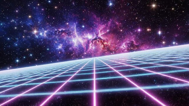 Retro Neon Grid Perspective in Deep Space. Abstract Synthwave Digital Universe Background.