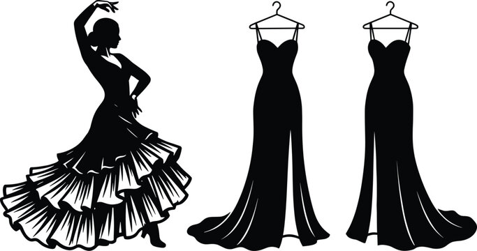 Black silhouette of a flamenco dancer in a ruffled dress alongside elegant evening gowns on hangers for fashion design