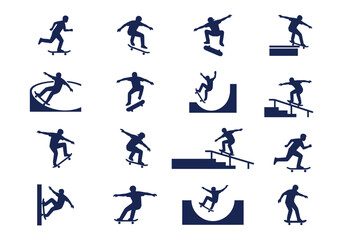 Fototapeta premium Collection of skateboarder silhouettes performing various tricks and stunts