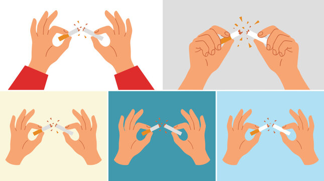 Hands breaking cigarette illustrations collection symbolizing quitting smoking, healthy lifestyle, and anti‑smoking awareness with varied backgrounds