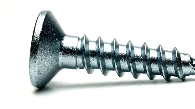 Close-up of a single silver screw on a white background, perfect for construction and DIY projects.