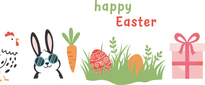 Easter celebration illustrations with bunny, chicken, carrot, decorated eggs, and festive gift box vector design concepts