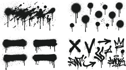 Urban graffiti spray paint splatters, drips, strokes, and abstract street art symbols collection showcasing creative textures and expressive artistic elements © creativeDesigner2023