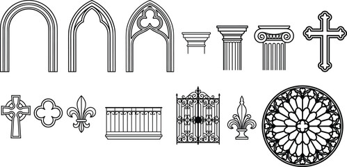 Naklejka premium Vector Set of Religious and Architectural Icons Featuring Gothic Arches, Crosses, Pillars, and Decorative Elements