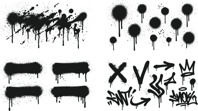 Urban graffiti spray paint splatters, drips, strokes, and abstract street art symbols collection showcasing creative textures and expressive artistic elements