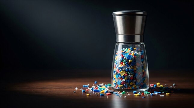 Concept of microplastic pollution in food chain featuring colorful toxic plastic particles inside pepper mill grinder as seasoning, highlighting a public health crisis and failed environmental safety
