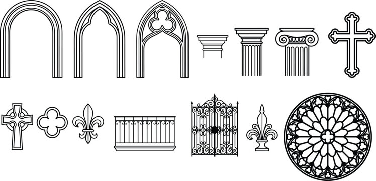 Vector Set of Religious and Architectural Icons Featuring Gothic Arches, Crosses, Pillars, and Decorative Elements