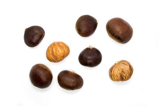 Top view - Groupe of chestnut edible isolated on white
