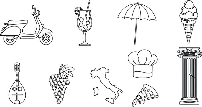 Collection of outline icons for italian travel and food with ice cream cocktail umbrella mandolin architecture illustration