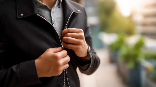 Person zipping and unzipping a jacket indoors in an everyday interior with a blurred background showing hesitation, inner conflict and introspection