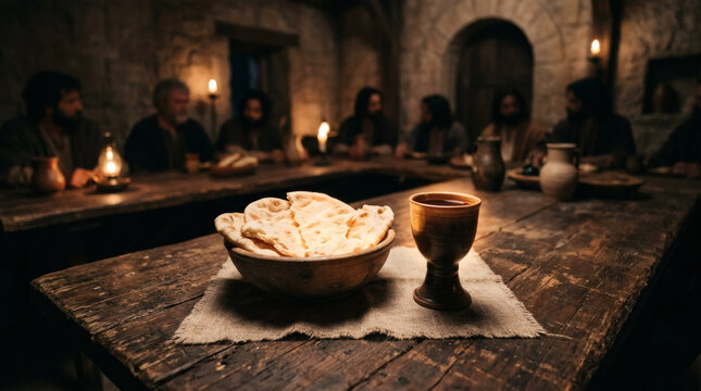 Atmospheric Christian composition featuring rustic bread and wine illuminated by divine light representing forgiveness and hope