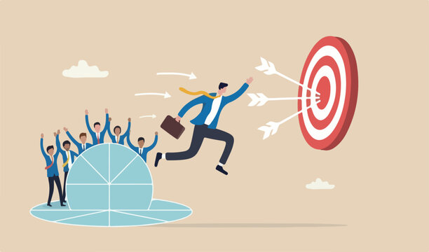 Initiative leadership,direction determination, entrepreneurship concept, courage arrow red big bullseye target teams meeting too high jump businessman jump comfort zone chance