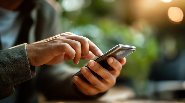 Hand hovering over phone send button in a blurred background moment of decision and subtle tension with copy space