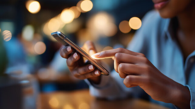Hand hovering above a smartphone send button on a touchscreen, a decision moment with subtle tension and blurred background and copy space