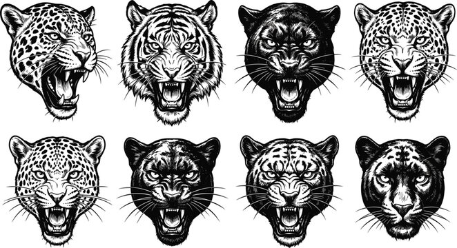 Collection of wild cat head illustrations featuring snarling tigers leopards and panthers in black and white hand drawn style