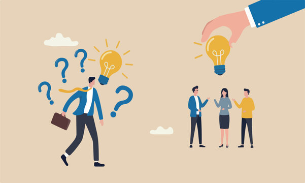 Business,meeting together job career path concept, confusing businessman stand with question mark sign then helping hand put half of lightbulb lamp for bright solution