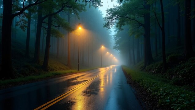 A rain-slicked two-lane highway cuts through a foggy forest at dusk. Golden streetlights recede into the distance, their light reflecting on the wet asphalt as oncoming car headlights pierce the cool 