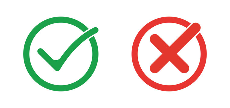 Green check mark and red cross icon set isolated on white background, approval and rejection symbols, correct and wrong sign. Vector illustration