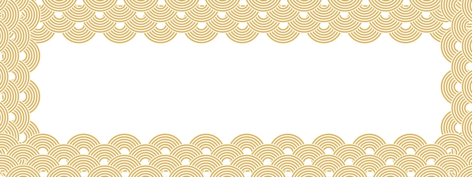 Banner template with oriental ornament with arch shapes and blank space. Waves background. Orange and white seigaiha pattern. Scallops print. Fish squama or snake scale. Vector flat illustration.