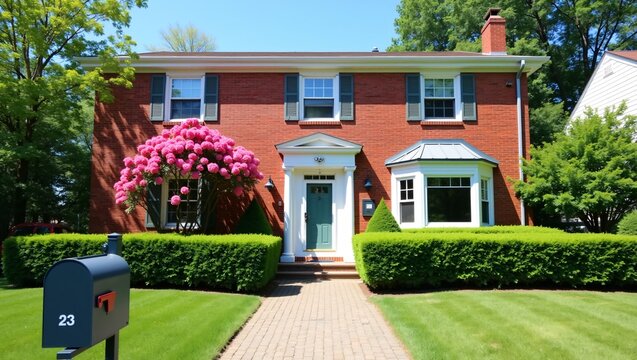 A two-story red brick colonial-style house with a teal front door, white trim, green shutters, a blooming pink azalea, neatly trimmed hedges, and a mailbox labeled "23" in the foreground, under a clea
