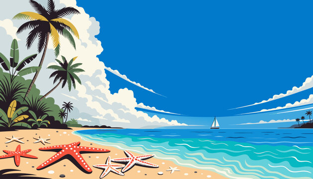 Summer tropical beach vector illustration featuring starfish on white sand and scenic ocean background view.