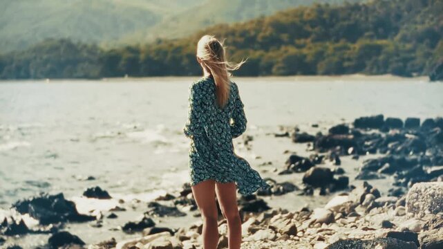 Tourist Enjoying Scenic Sea View In Mountains. Freedom And Solitude In Nature