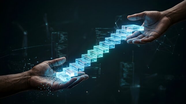 Hands Connecting with Digital Glowing Blockchain Steps Representing Progress and Future Technology Innovation.