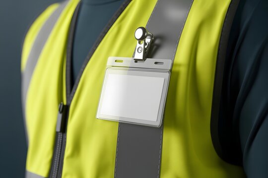 A person wearing a yellow safety vest with a blank identification badge clipped to the front.