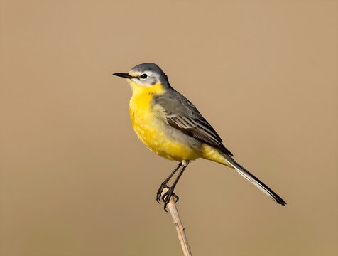 Grey wagtail perched on a dry reed against a soft bokeh background