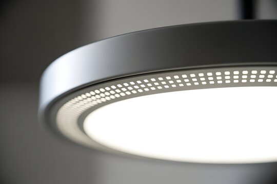 A sleek modern ceiling light fixture with a circular design and perforated metal shade is shown in a close-up view.