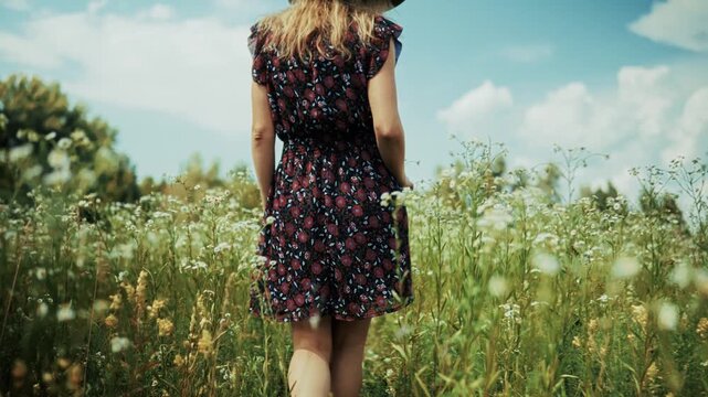 Woman Walking Through Wildflower Meadow. Tourist Enjoying Nature In Sunny Day
