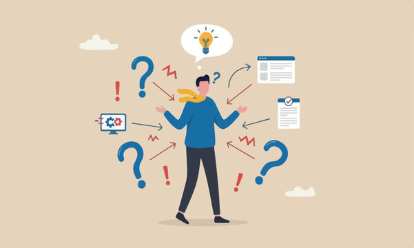 Customer pain, to create product to solve problem or better user experience concept, upset frustrated user or customer with multiple arrows pointing to problem points