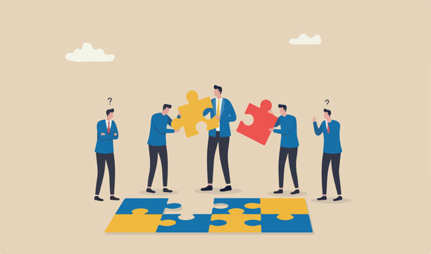 Mismatch or mistake, wrong business decision or failure of incorrect solution, mismanagement or choice concept, confused business people putting mismatch wrong jigsaw puzzle together